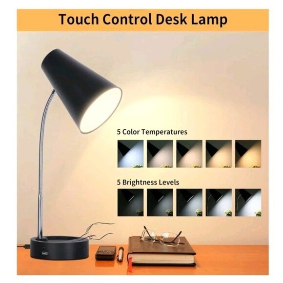 RUNTOP Desk Lamp, Black Desk Lamps for Home Office, LED Desk Light with USB Port - Picture 2 of 8
